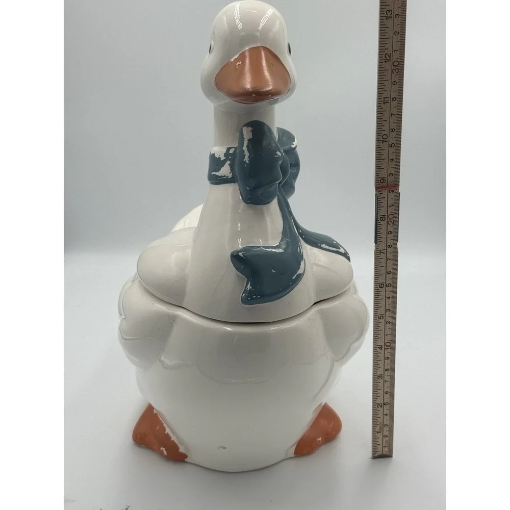 Ceramic Duck Cookie Jar with Blue Bow and Lid, Animal Kitchen Decor